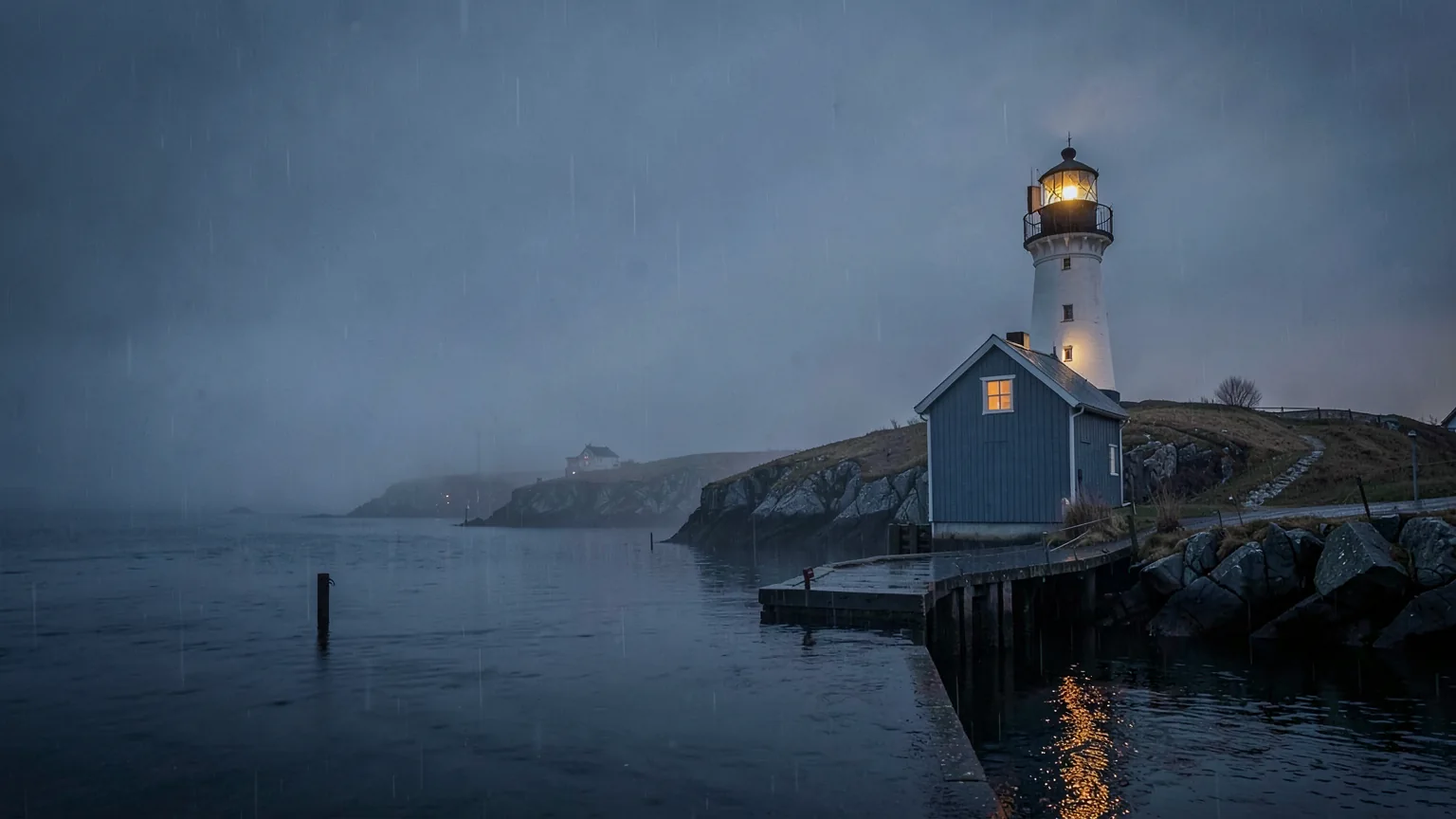 A lighthouse watches over the dark, windswept coast of Norrvik.